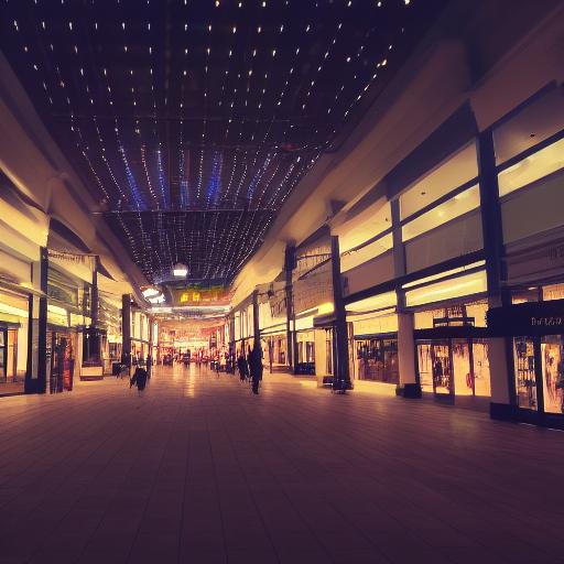 A mall in the evening, motion blur, lights, shops